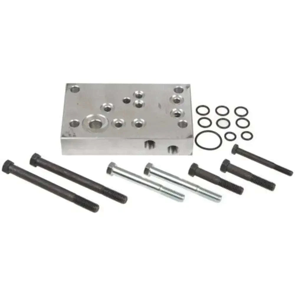 Hydraulic adaptor plate kit with mounting bolts, pins, and O-ring washers