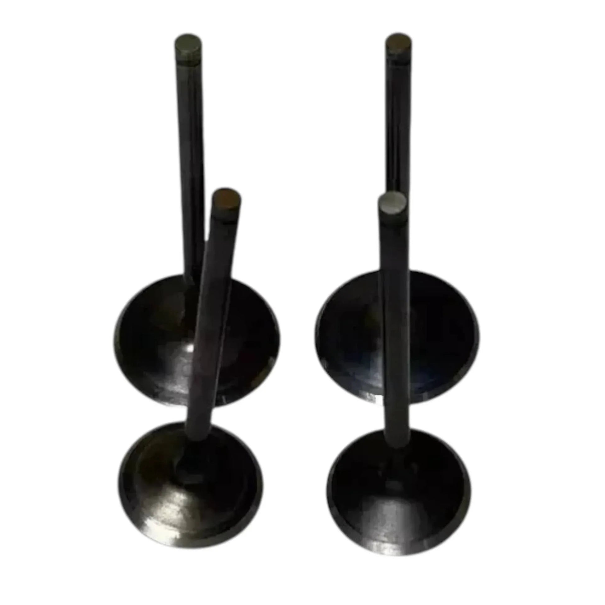 Intake and exhaust valve kit, two black valve discs with stems, metal construction