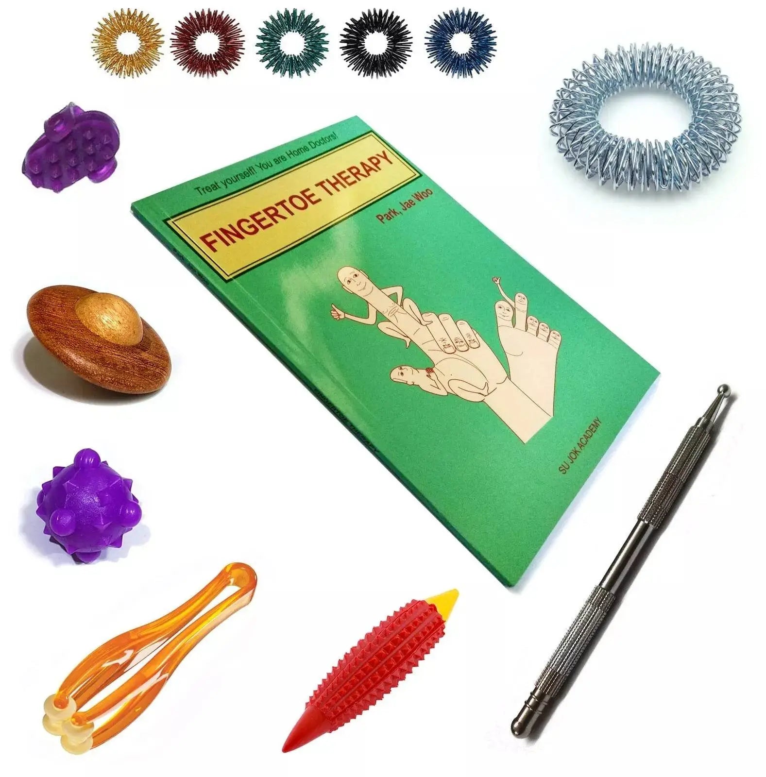 Fingertoe therapy book with various acupressure tools for holistic healing