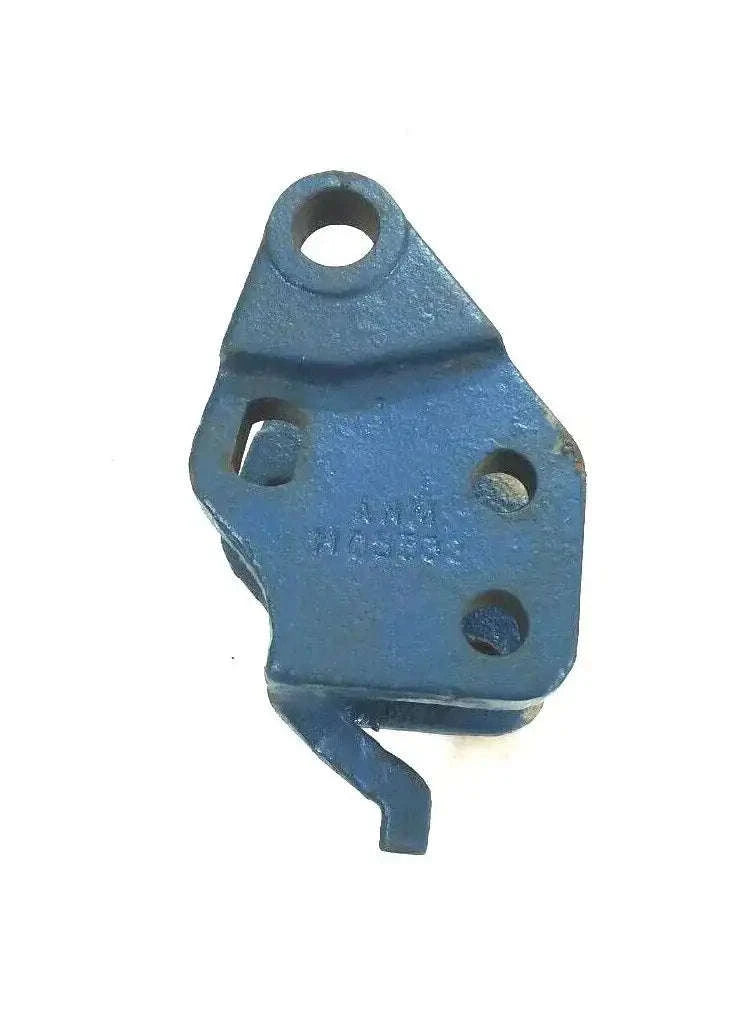 Blue metal hydraulic lift bracket with mounting holes and circular pin eye
