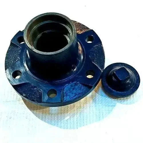Blue tractor front wheel hub with detachable cap, flange with bolt holes