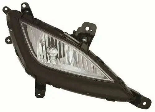 Automotive fog light with clear lens and black housing, mounting brackets attached