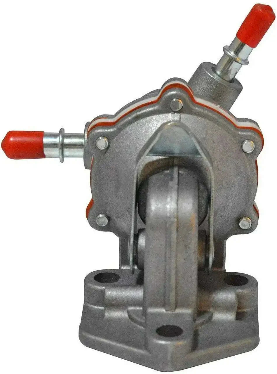 Fuel lift pump with metal housing and red inlet/outlet fittings