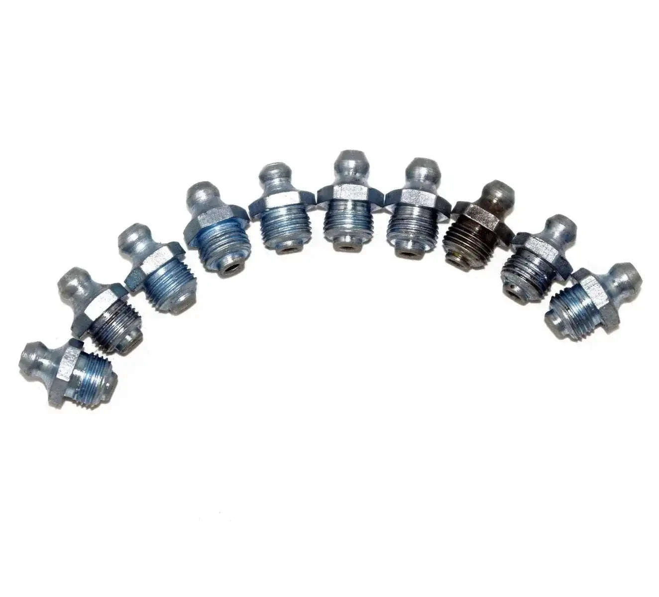 Straight BSP grease nipples, set of 10, silver metal fittings
