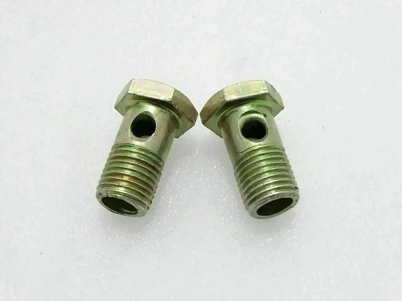 Plated steel banjo bolt pair with hex heads and threaded shanks