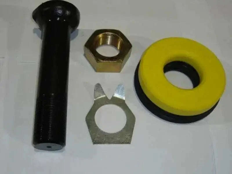 Hydraulic clamp bolt set with black bolt, hex nut, metal washer, and yellow seal
