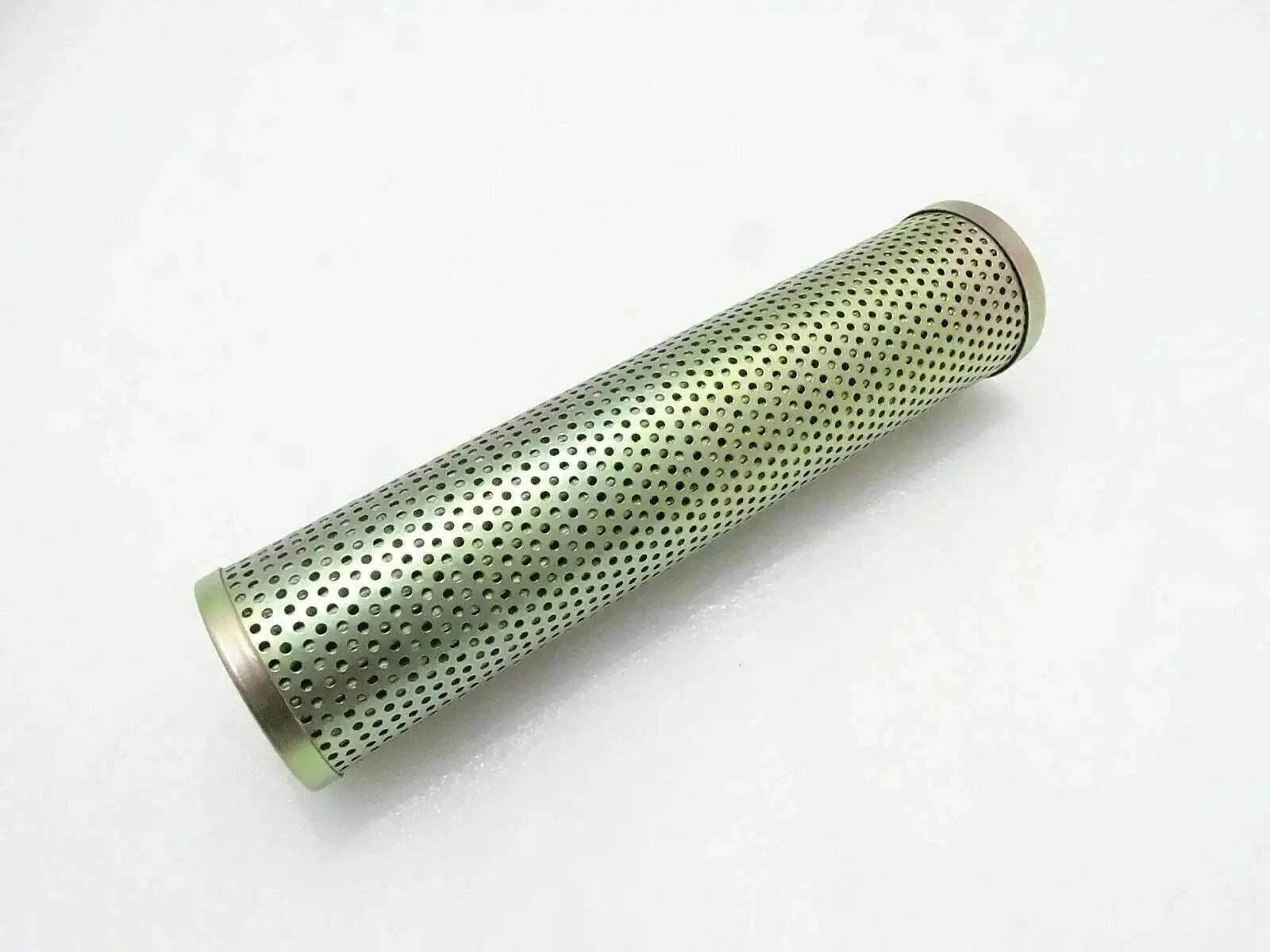 Hydraulic filter cartridge, perforated cylindrical metal, greenish tint