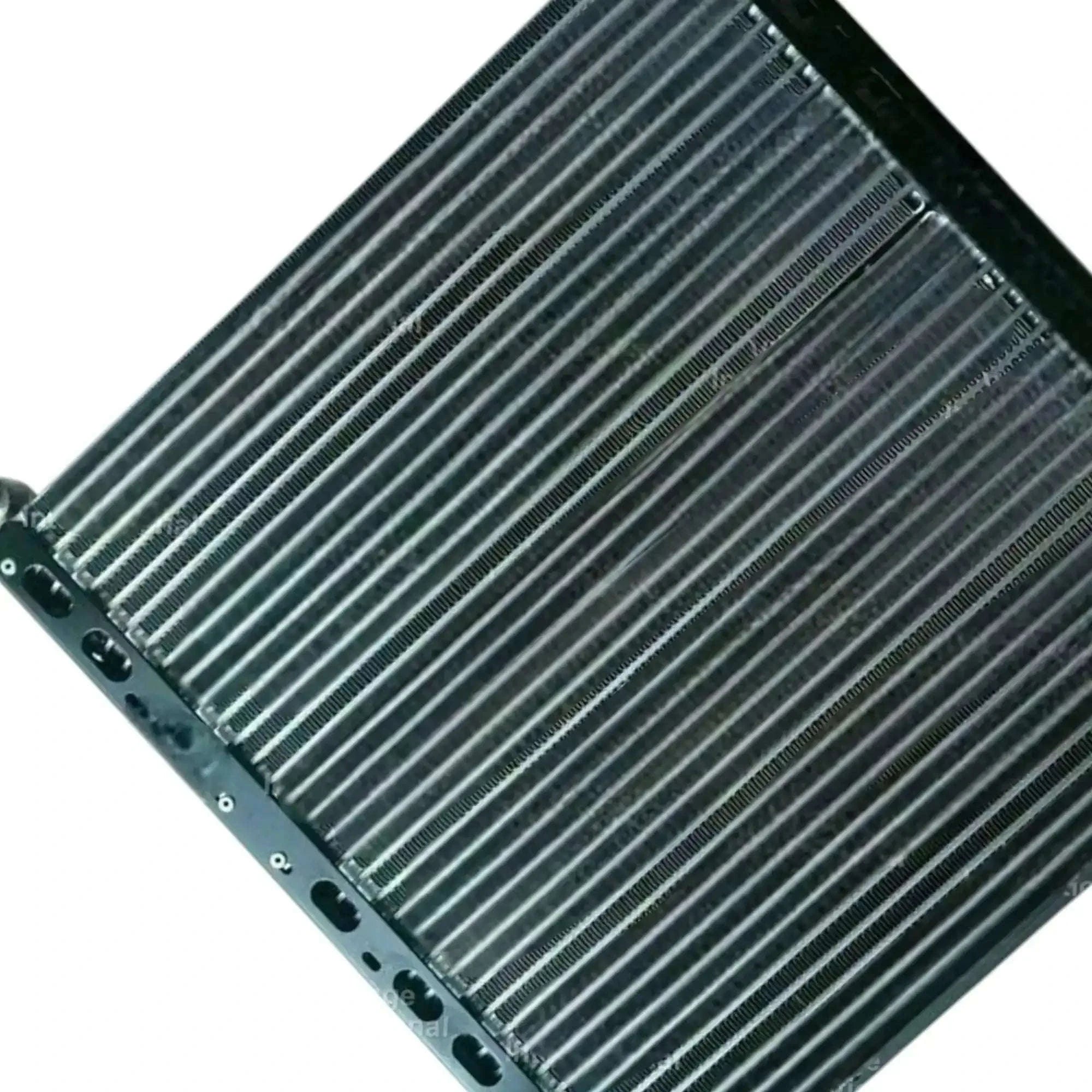 Radiator oil cooler angled with dense horizontal cooling fins and side mounting holes