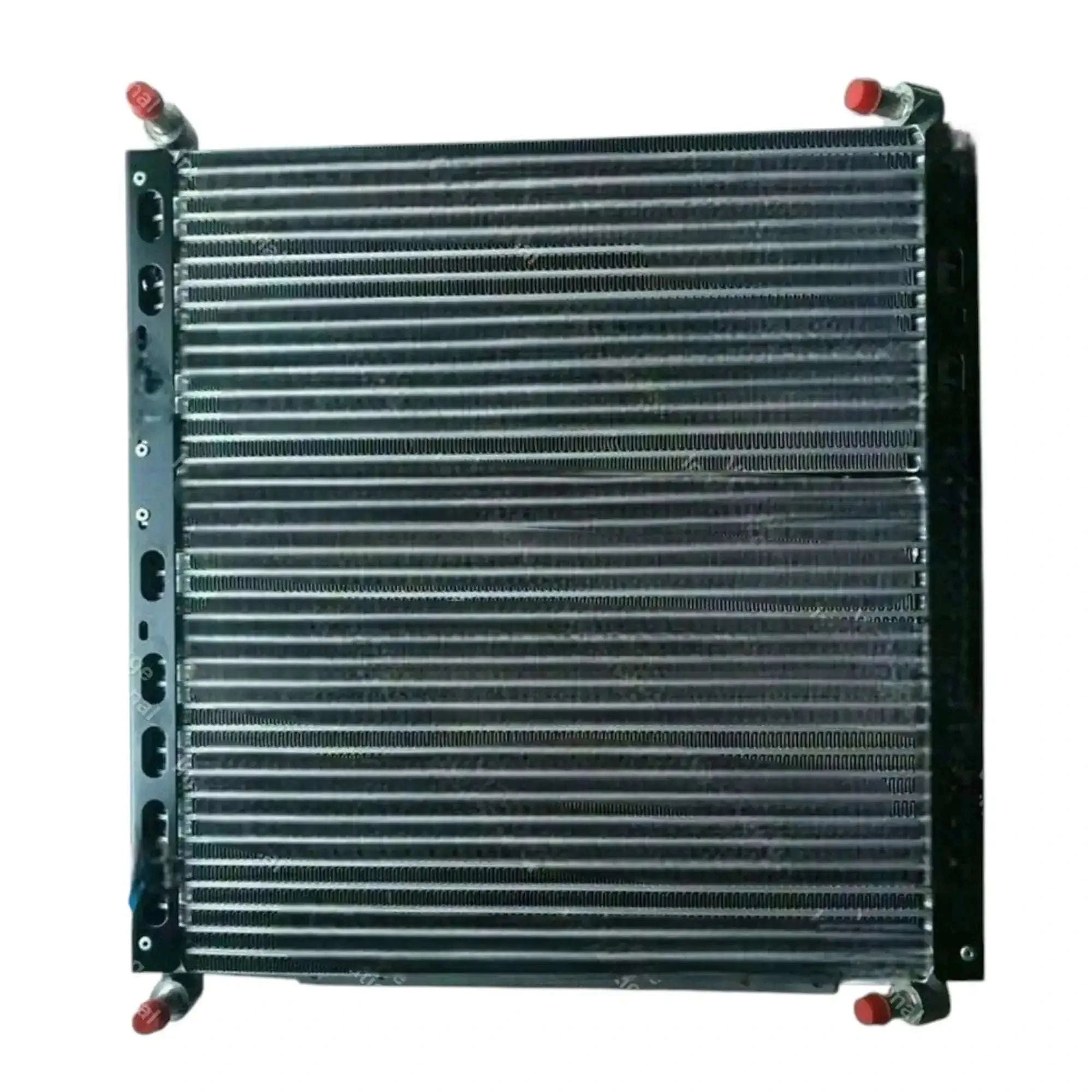 Radiator oil cooler with finned core, rectangular frame, and corner fasteners with red caps