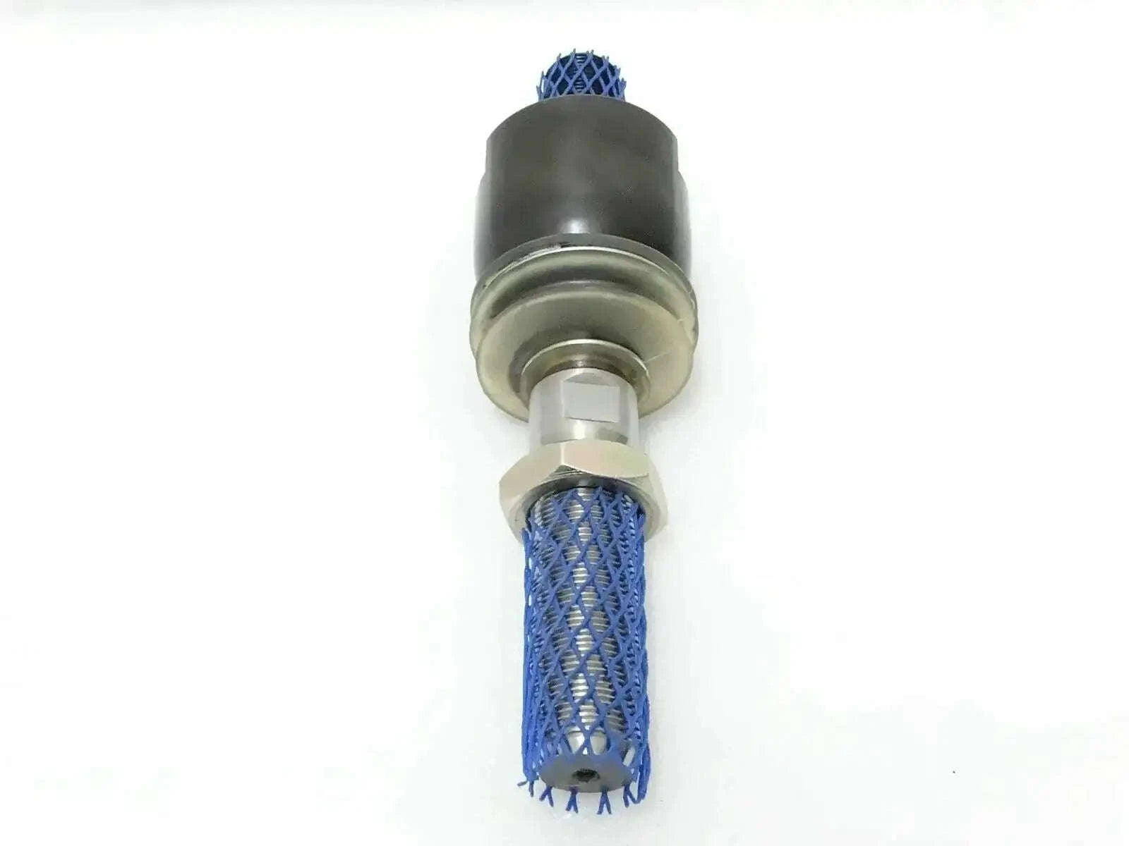 Swivel joint assembly with dark rubber housing and blue braided hose
