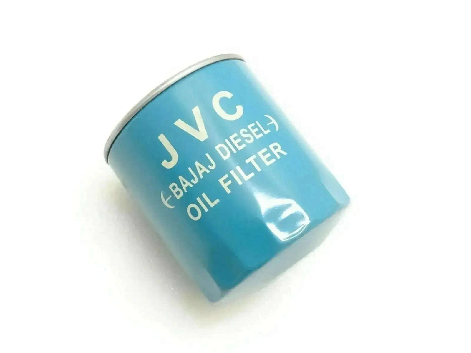 Blue oil filter cartridge with printed label, cylindrical filter housing