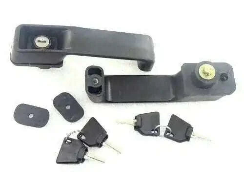 JCB 3DX 3CX door lock handle set in black plastic with keys for secure access