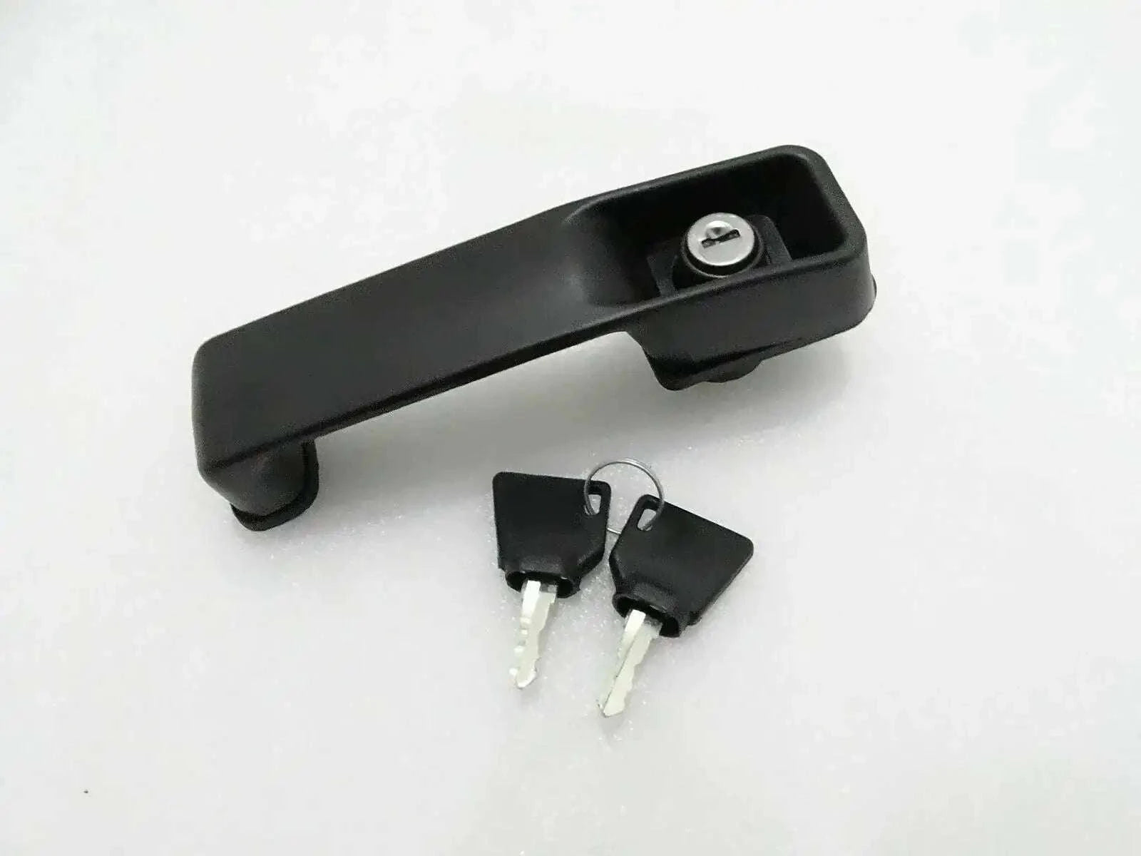 JCB 3DX 3CX door lock handle in black plastic with two accompanying keys for secure locking