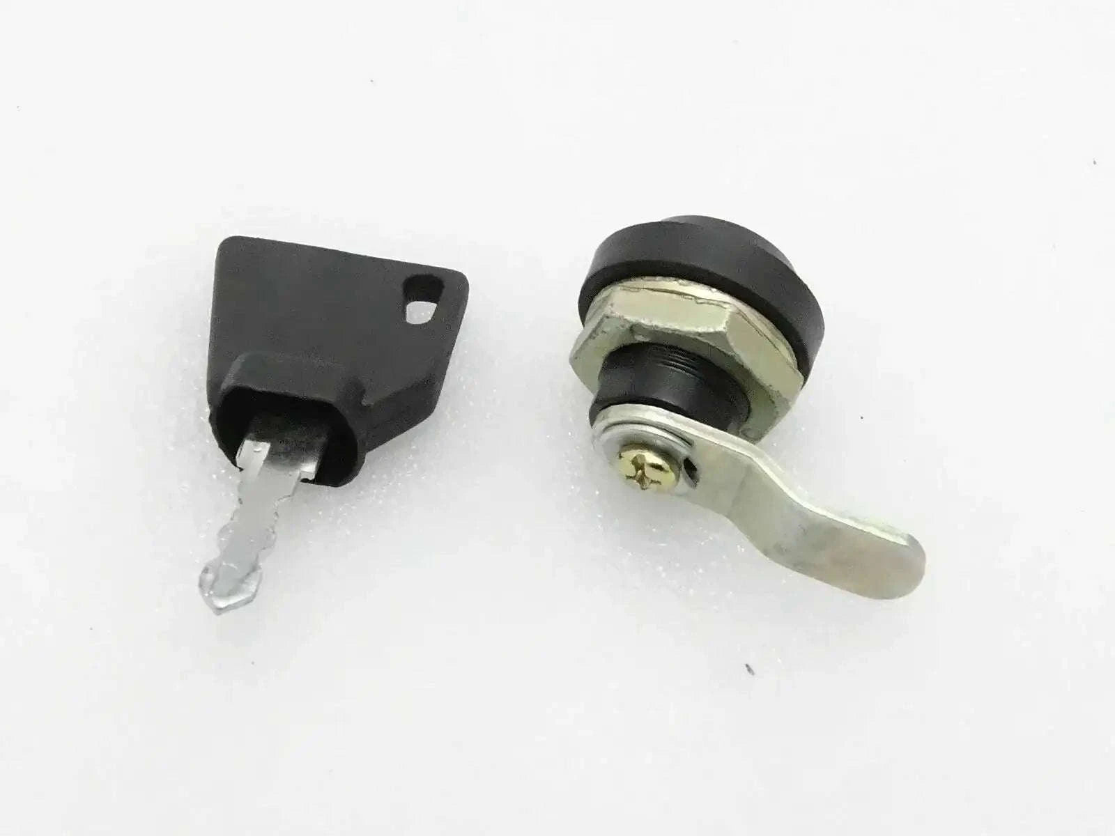 JCB 3DX hood lock with key, made from durable metal with a robust handle for secure use.