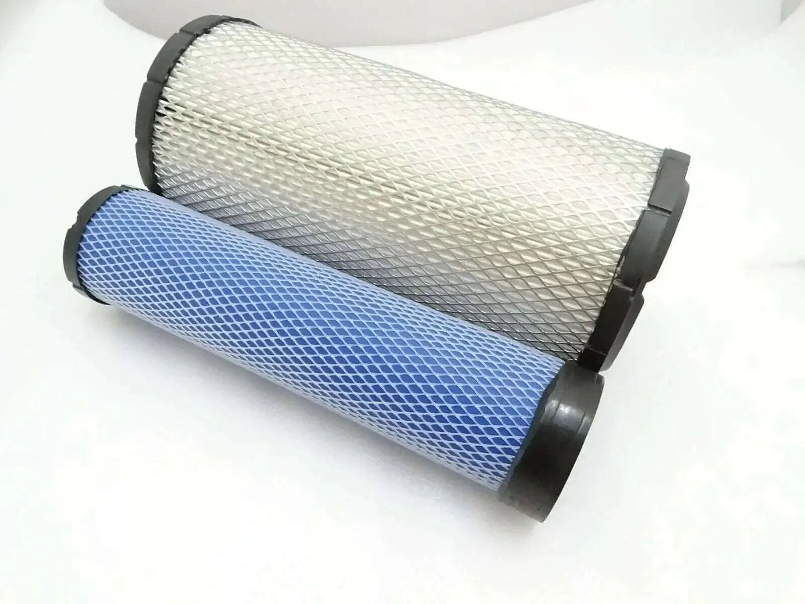 Cylindrical air filter element, pleated white and blue mesh with end caps