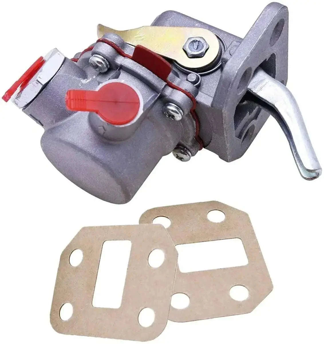 Metal fuel lift pump with red lever, mounting bracket plates and wiring harness