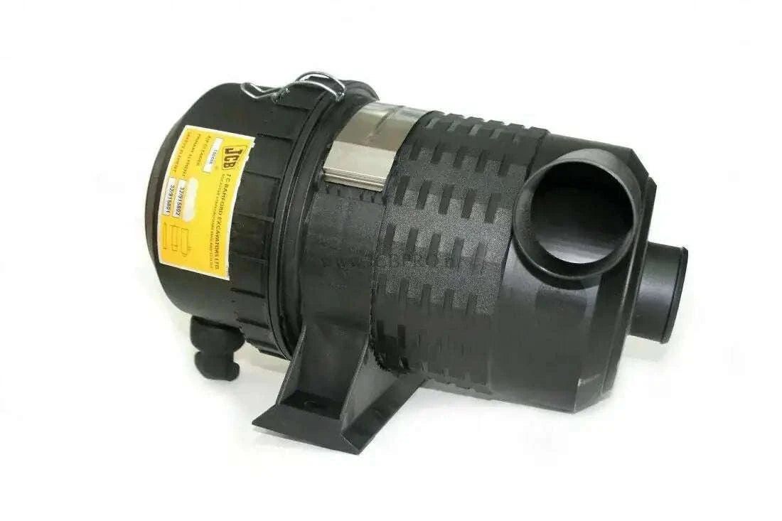 Black air filter housing with circular ends and yellow label, plastic intake outlet