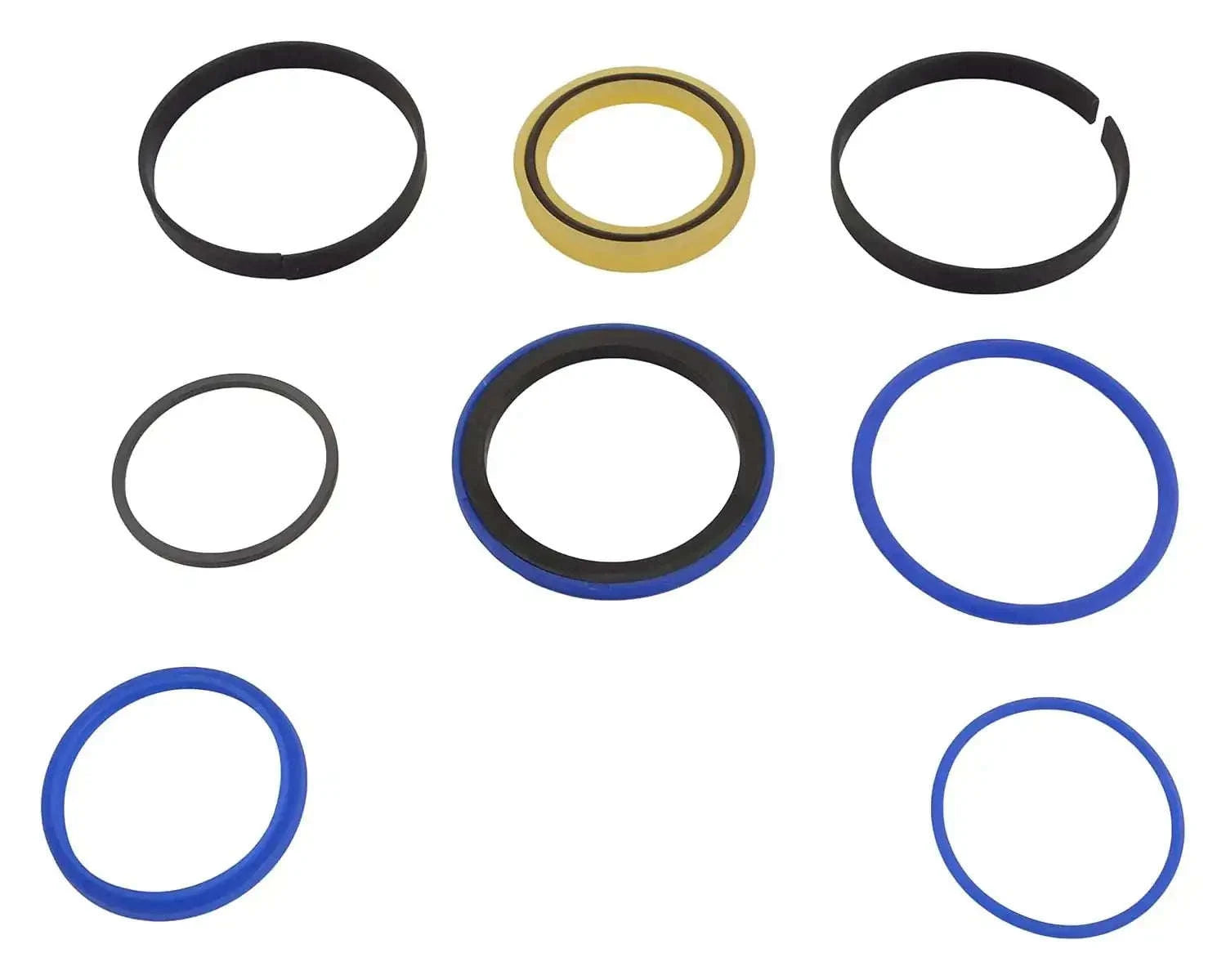 Hydraulic cylinder seal kit with assorted O-rings in black, blue, and gold