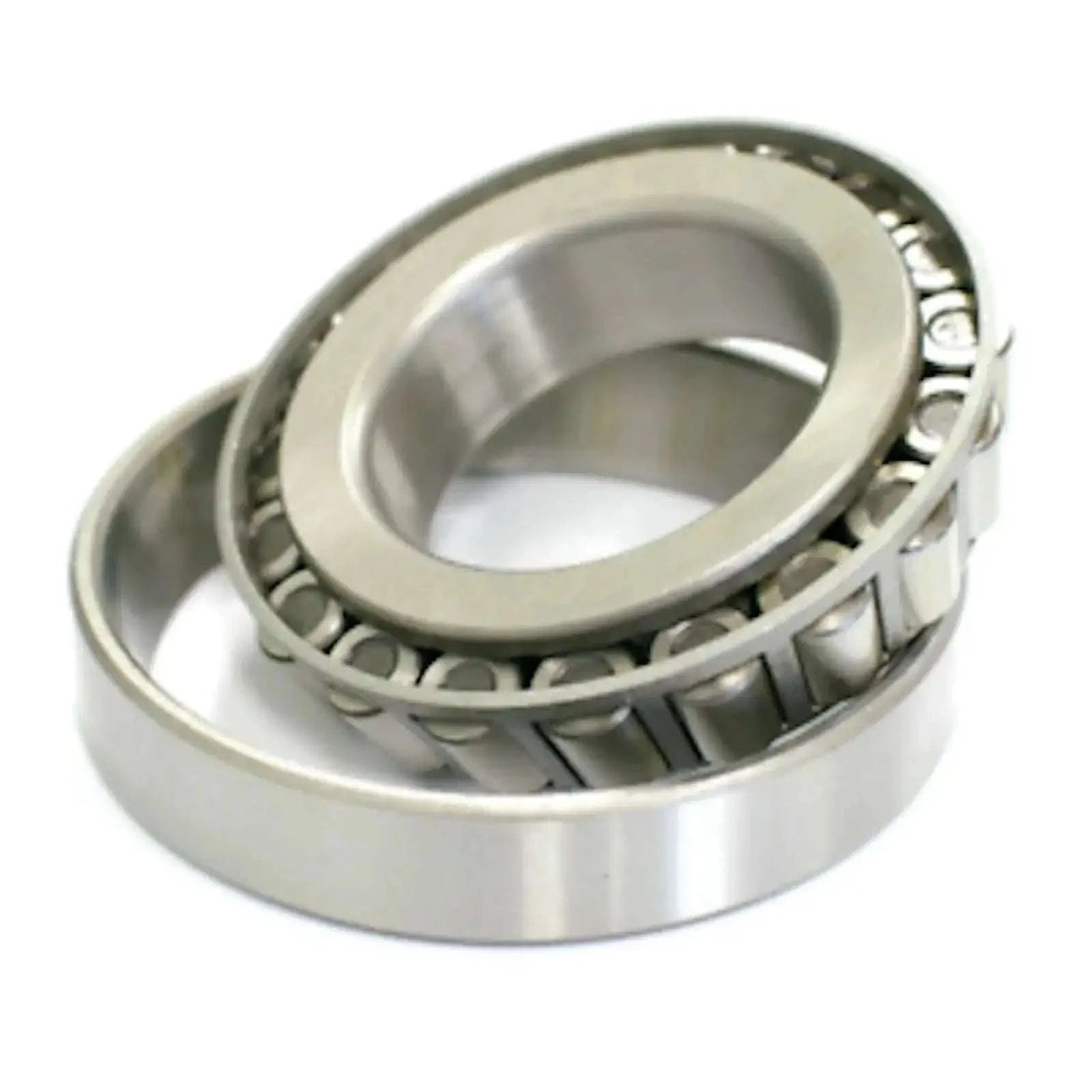 Metal roller bearing with inner ring and outer cage, close-up view