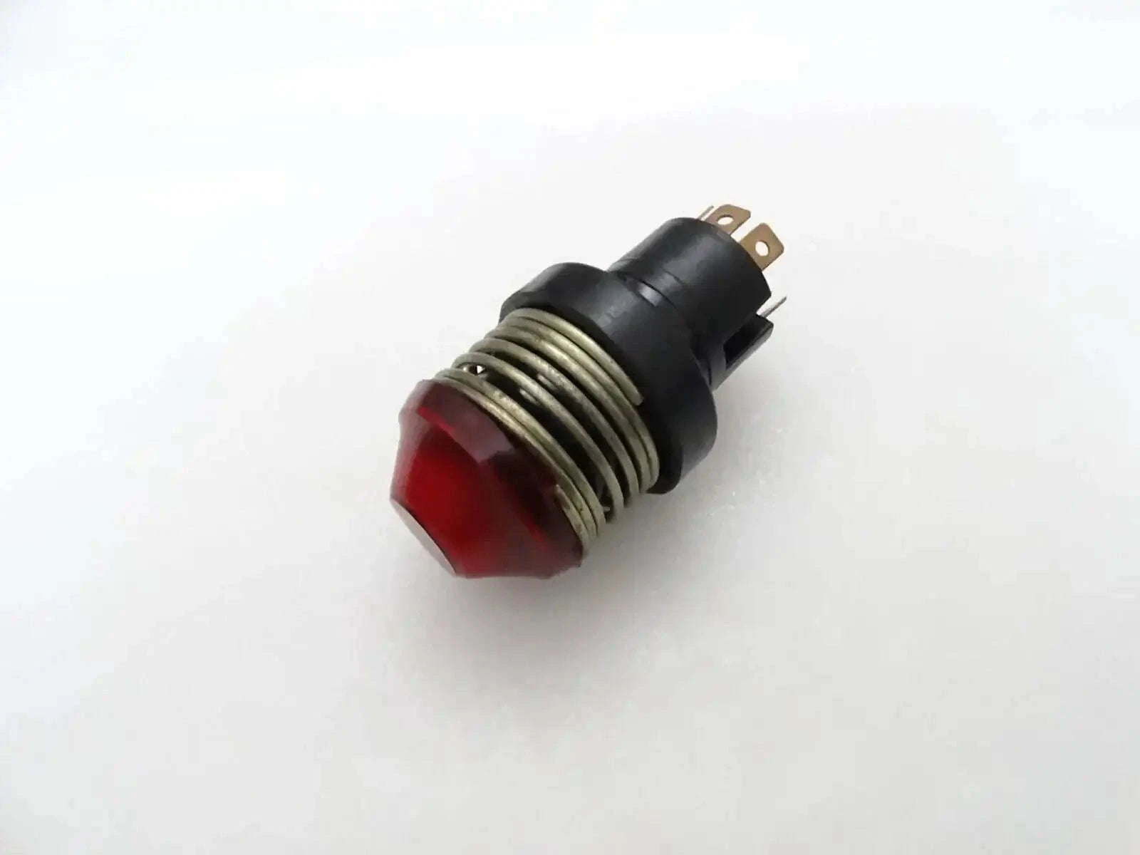 Red spring push button warning light switch with black housing and metal terminals