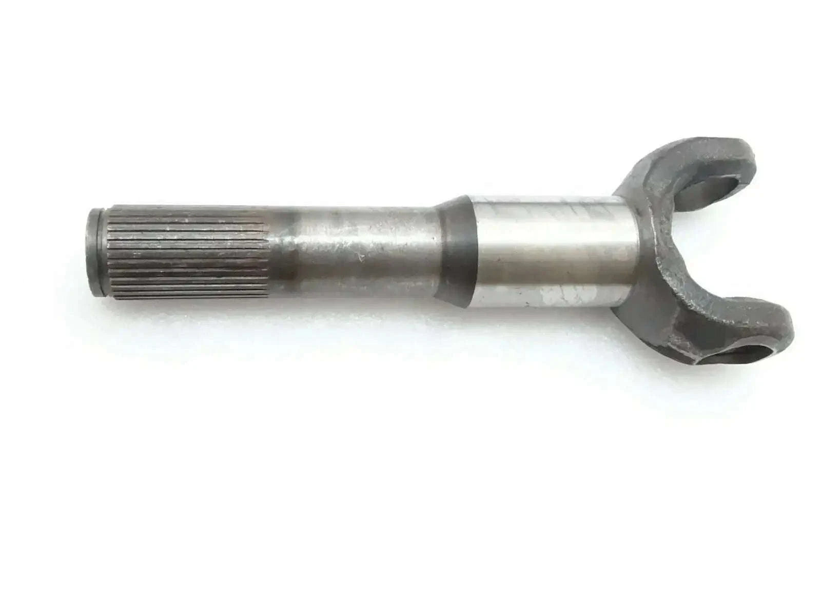 Steel drive shaft with splined end and fork yoke, gray metal