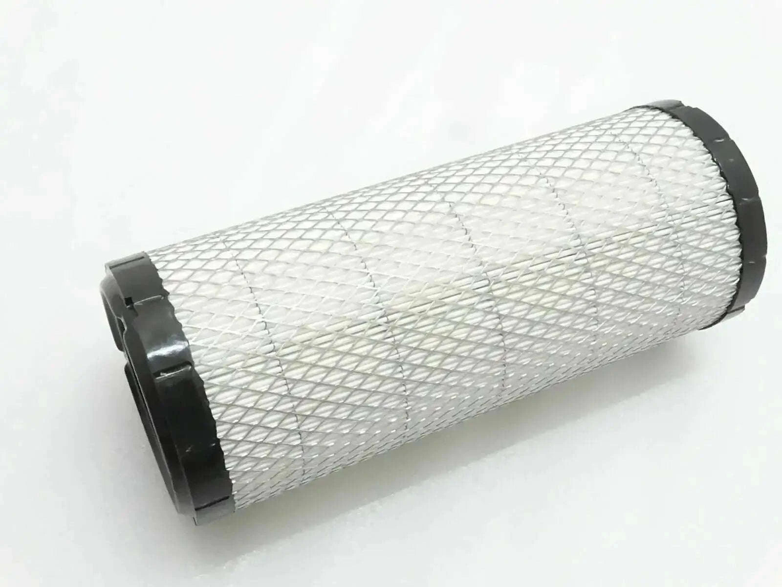 Cylindrical filter element with white mesh filter and black end caps