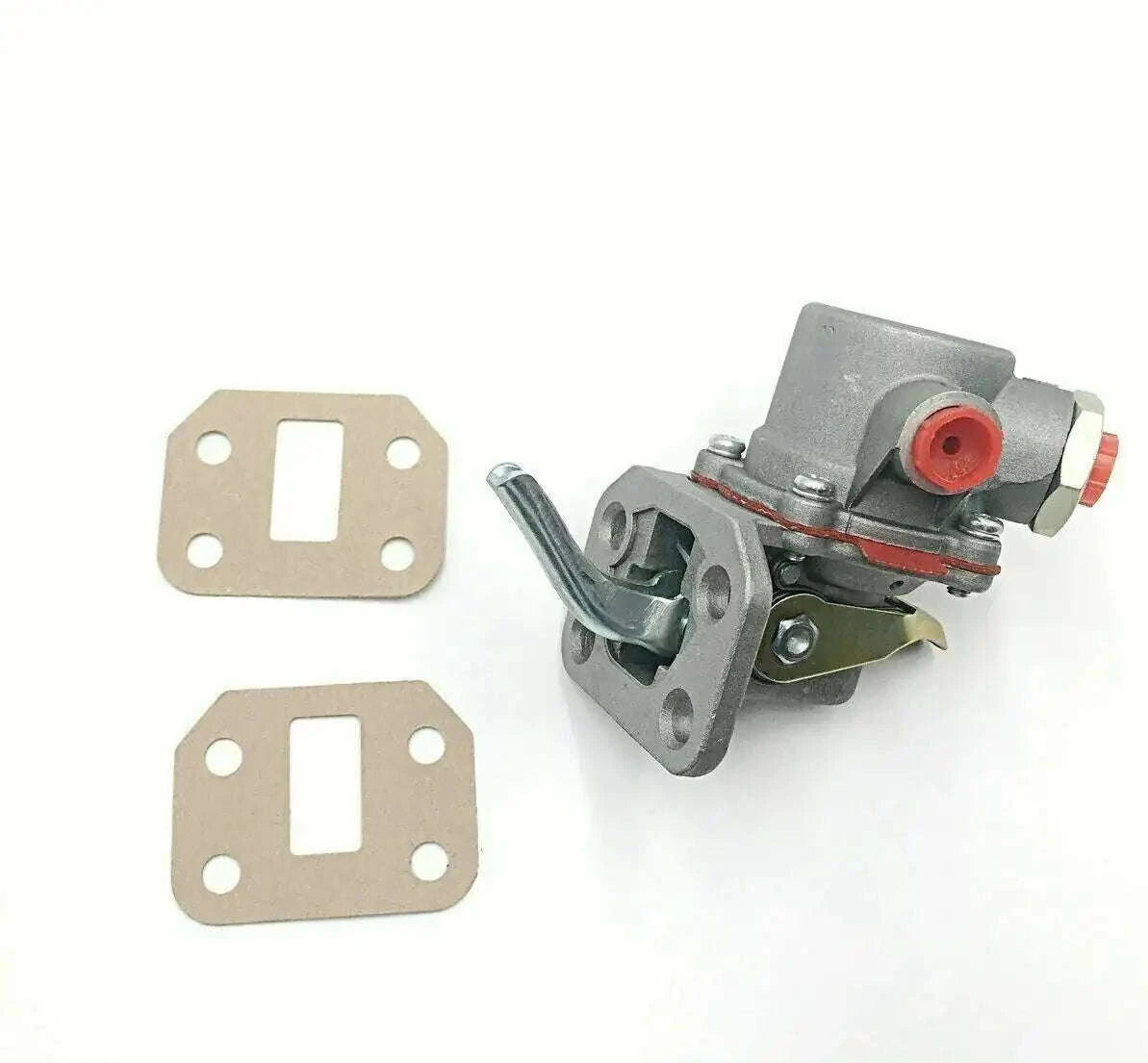 Fuel lift pump with mounting flanges and two gaskets, red outlet port