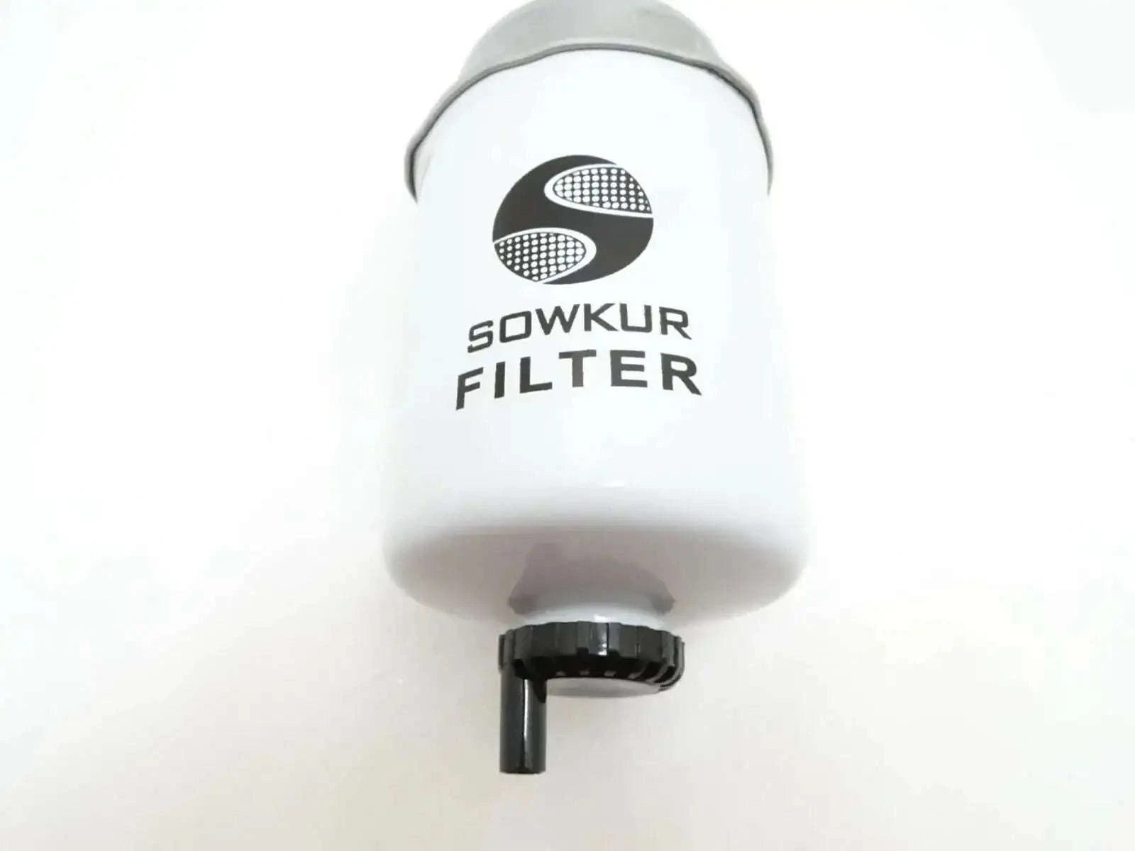 Fuel sediment filter canister with mounting stem, white housing with brand logo