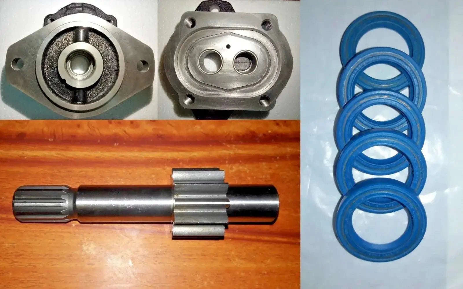 Hydraulic pump mounting flange housing with circular ports and blue seal rings