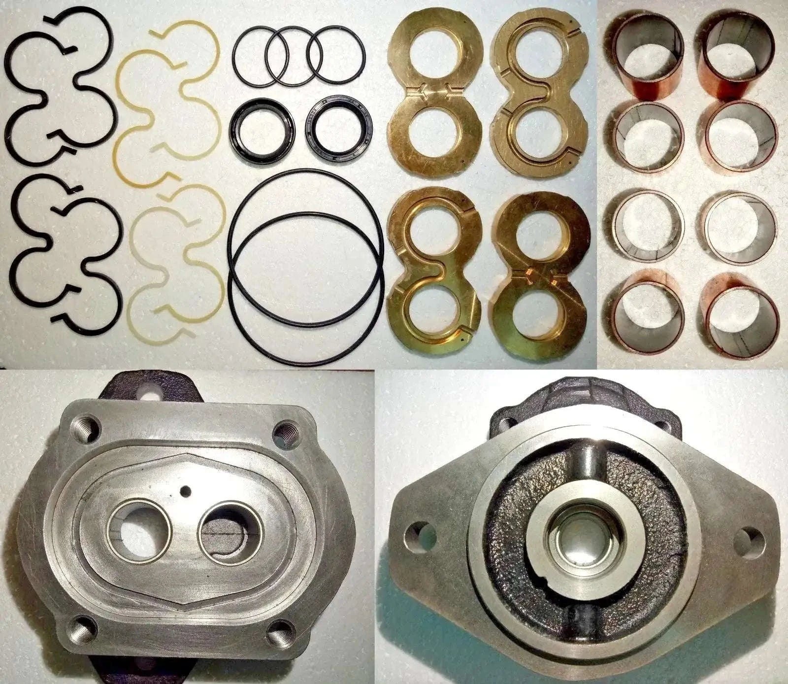 Hydraulic pump mounting flange with circular port and bolt holes, metal parts