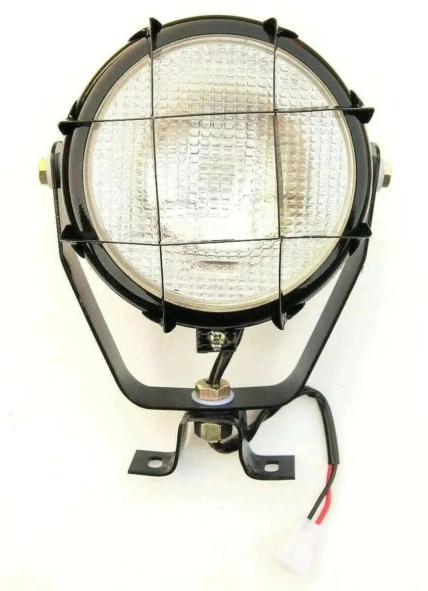 Round black work lamp with protective grill and clear glass lens, metal mounting bracket