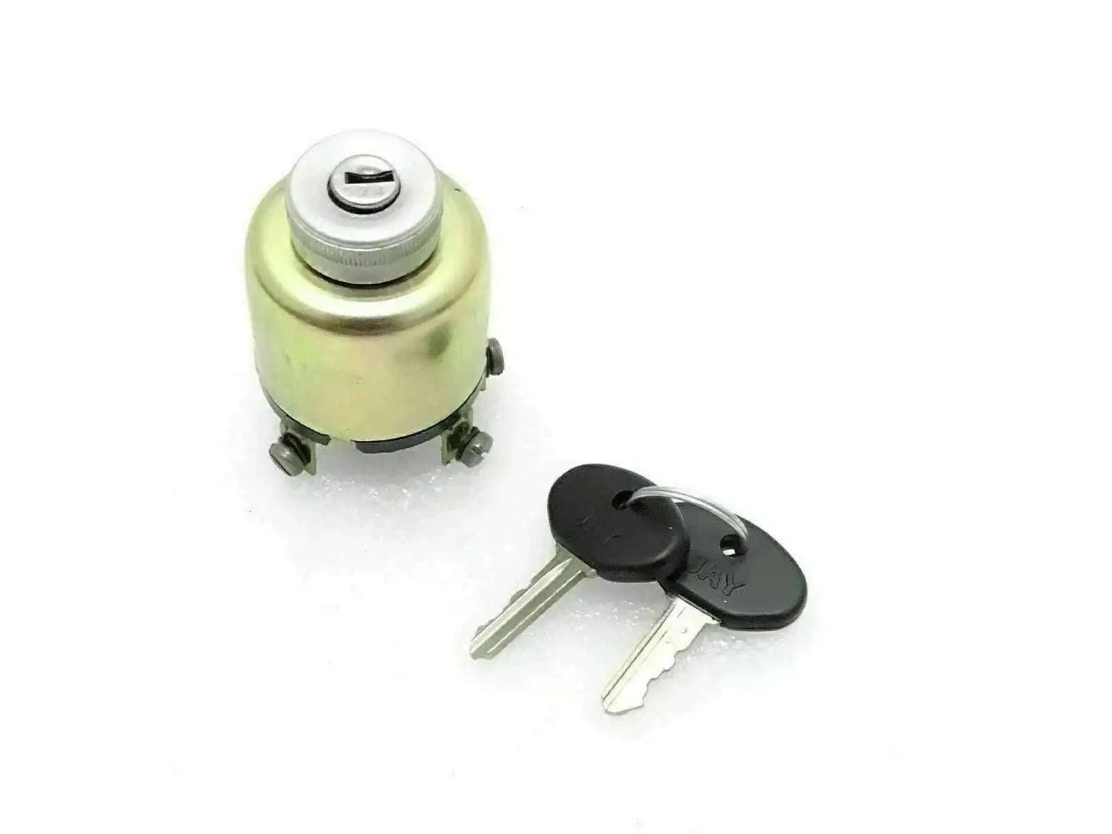 Ignition switch cylinder with two keys, yellow metal housing and black key blanks