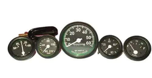 Automotive gauge kit with multiple round black-faced meters, including speedometer and fuel