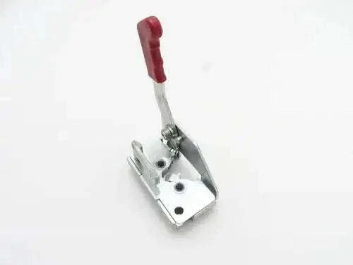 JCB latch lock left side made of durable metal with a red handle for secure fastening