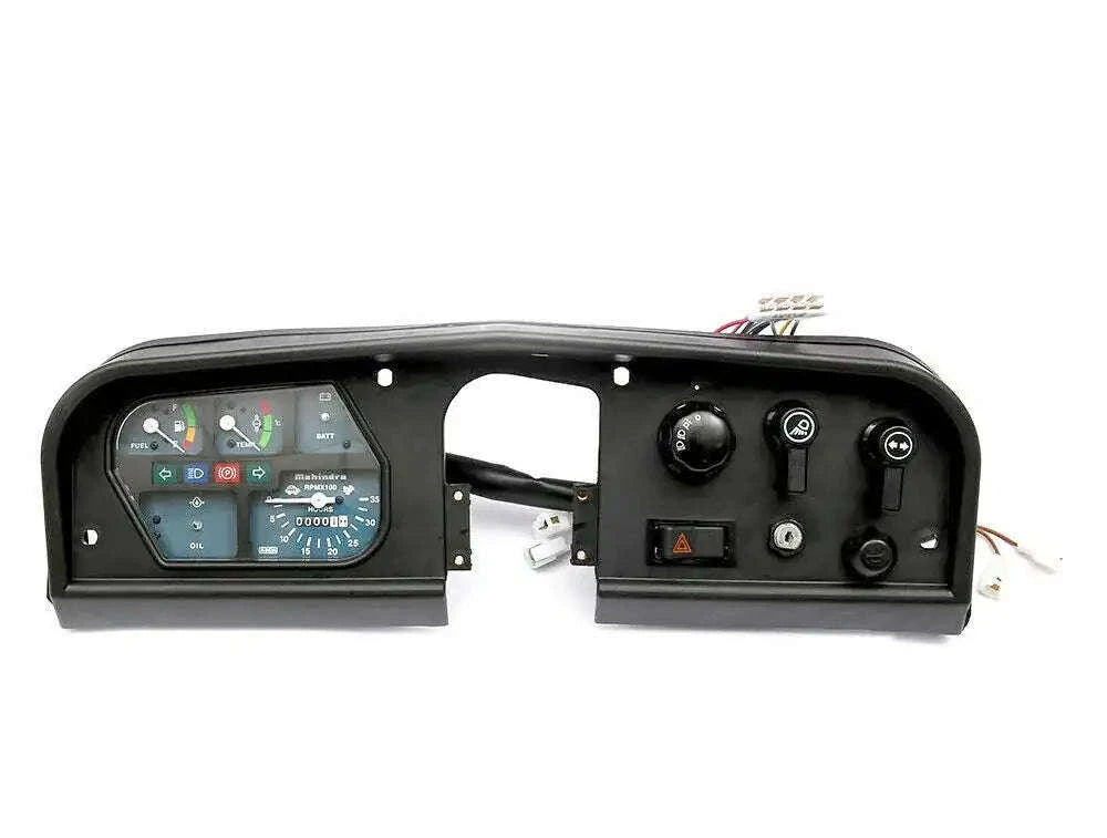 Tractor dashboard instrument panel with gauges, switches, and wiring connectors