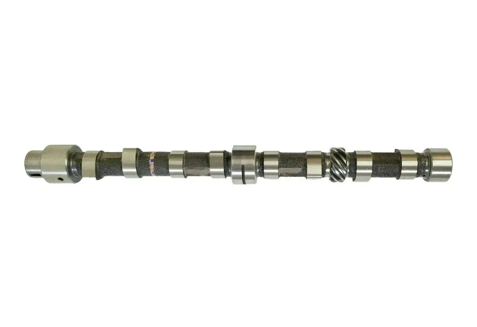 Tractor camshaft shaft with bearing journals and valve lobes, metal finish