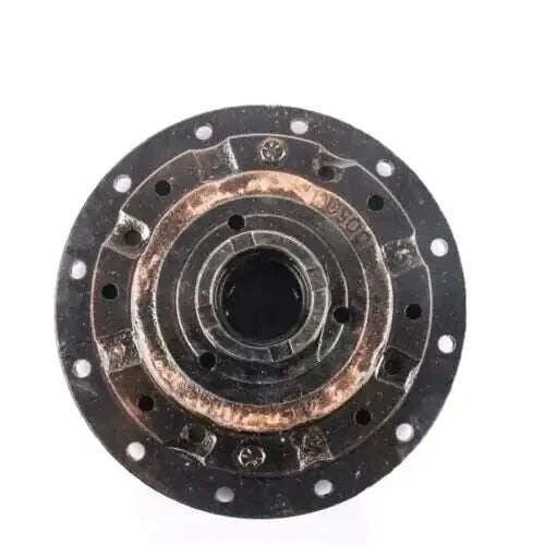 Tractor differential case, round black metal flange with bolt holes and center shaft