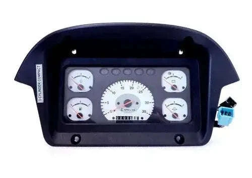 Dark blue tractor instrument cluster panel with gauges and display window