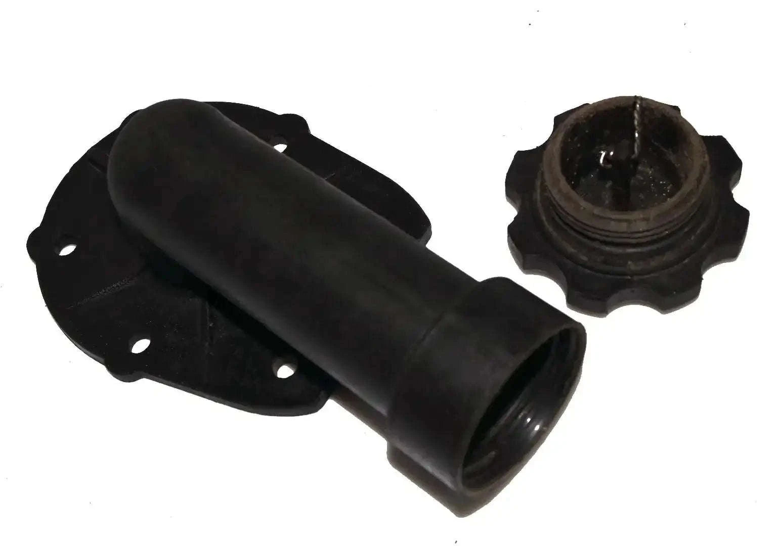 Black engine oil filler pipe with mounting flange and cap