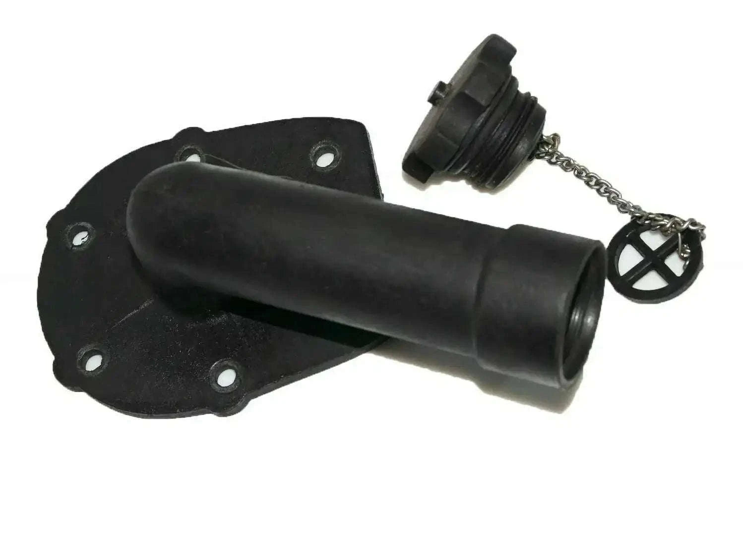 Black engine oil filler pipe with flange, cap, and chain