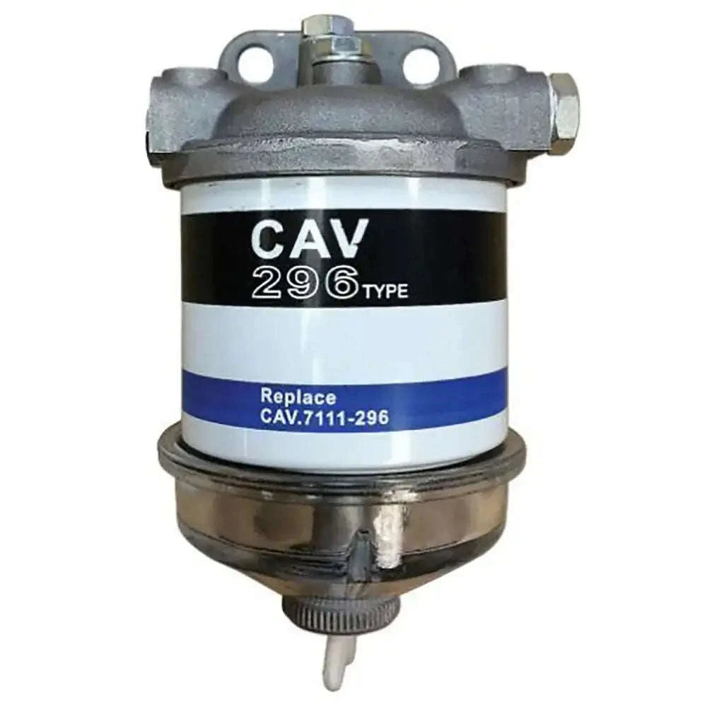 Fuel filter assembly with CAV 296 Type canister, bracketed ports, and blue label