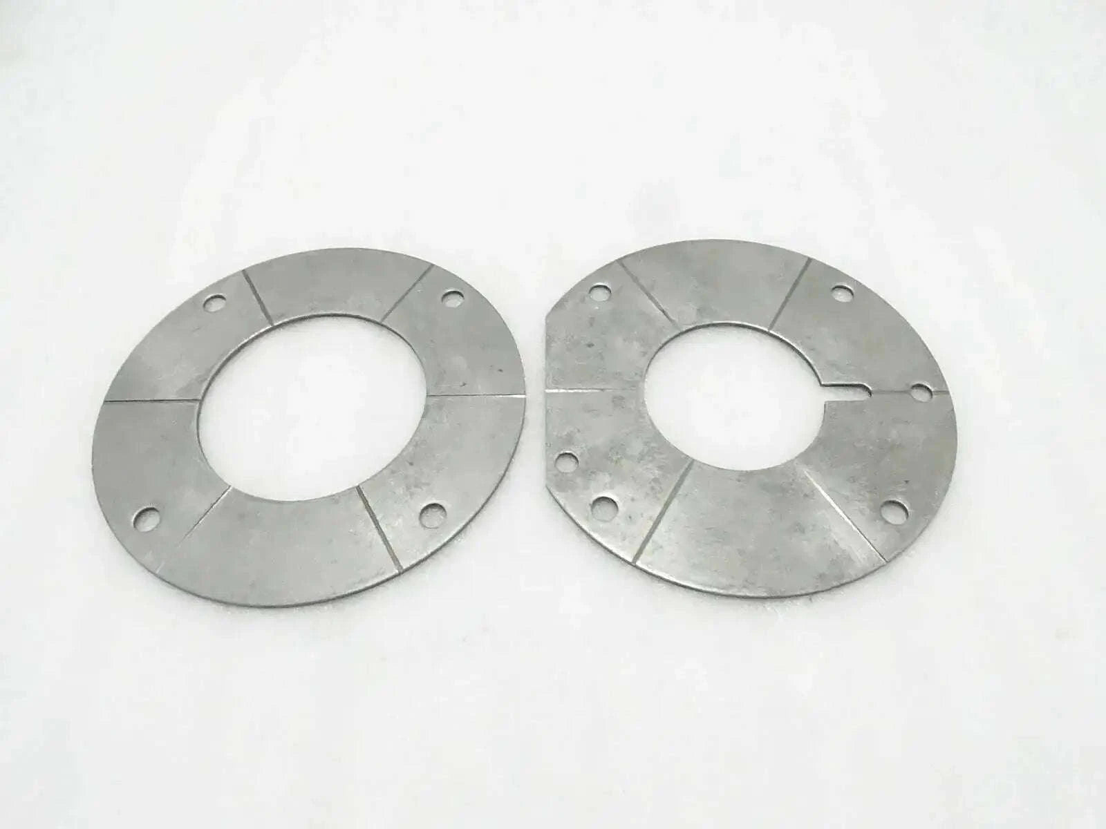 Metal transmission plate set with two round rings and mounting holes, silver-gray