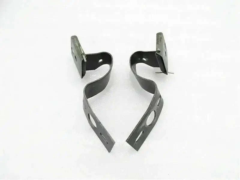 Tractor bonnet panel hinge bracket set, dark gray metal with mounting holes.