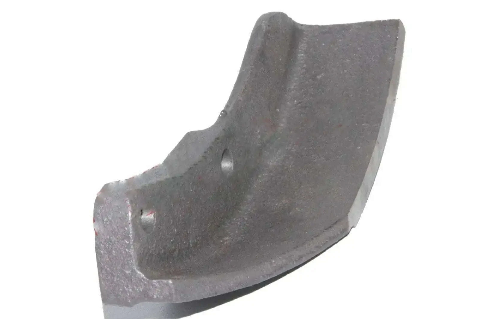 Gray metal thrust block with curved shape and bolt hole