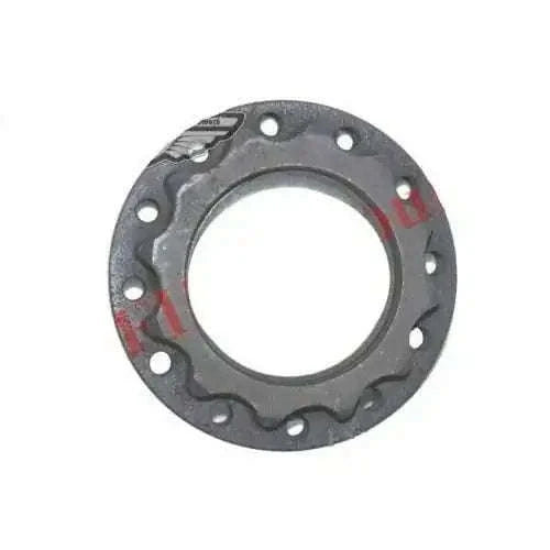 Rear axle hub flange with bolt holes, dark metal finish