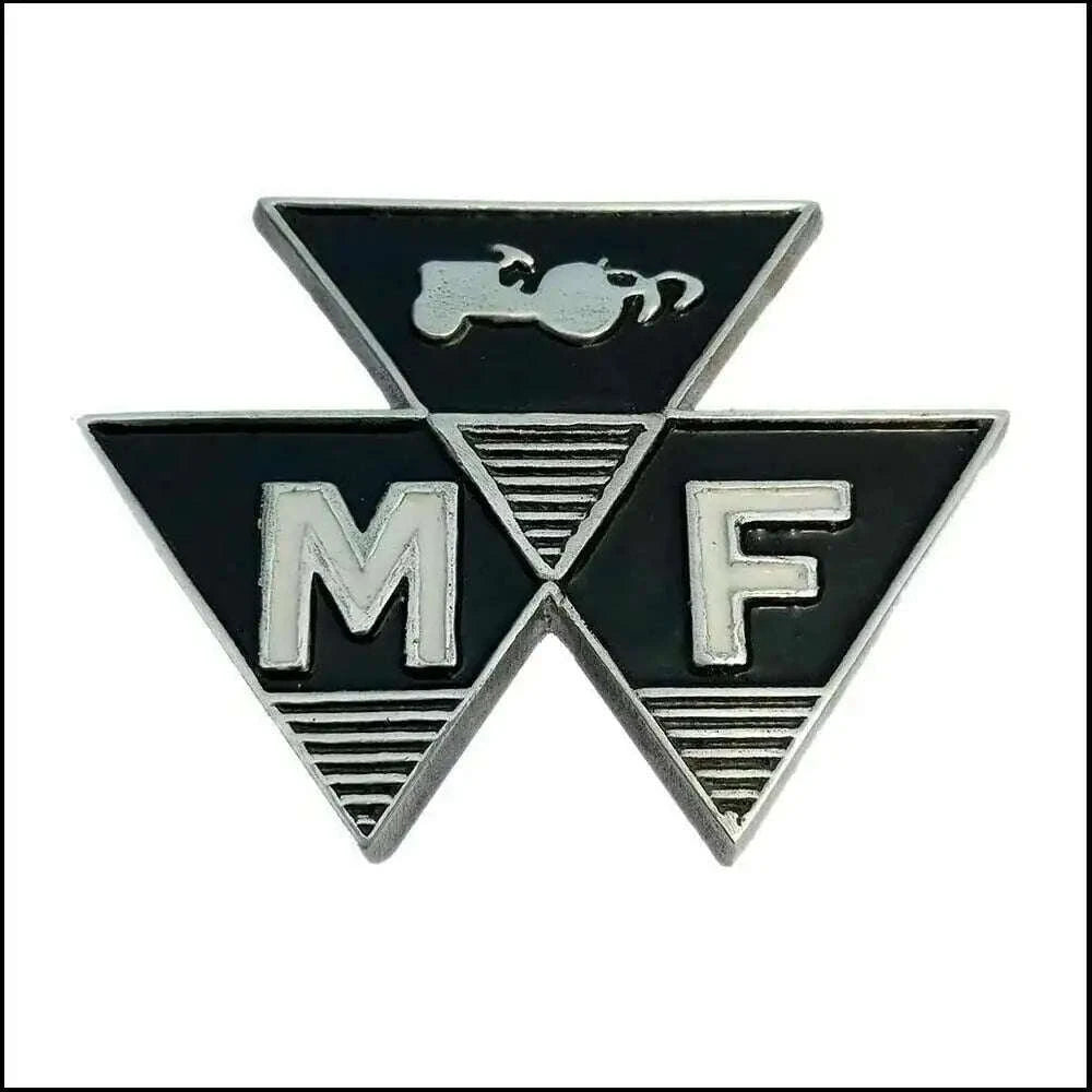 Triangular tractor front motif badge, black with silver MF letters, set of 2