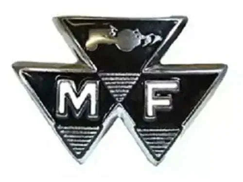 Tractor front badge with black MF motif and silver trim, Massey Ferguson 35