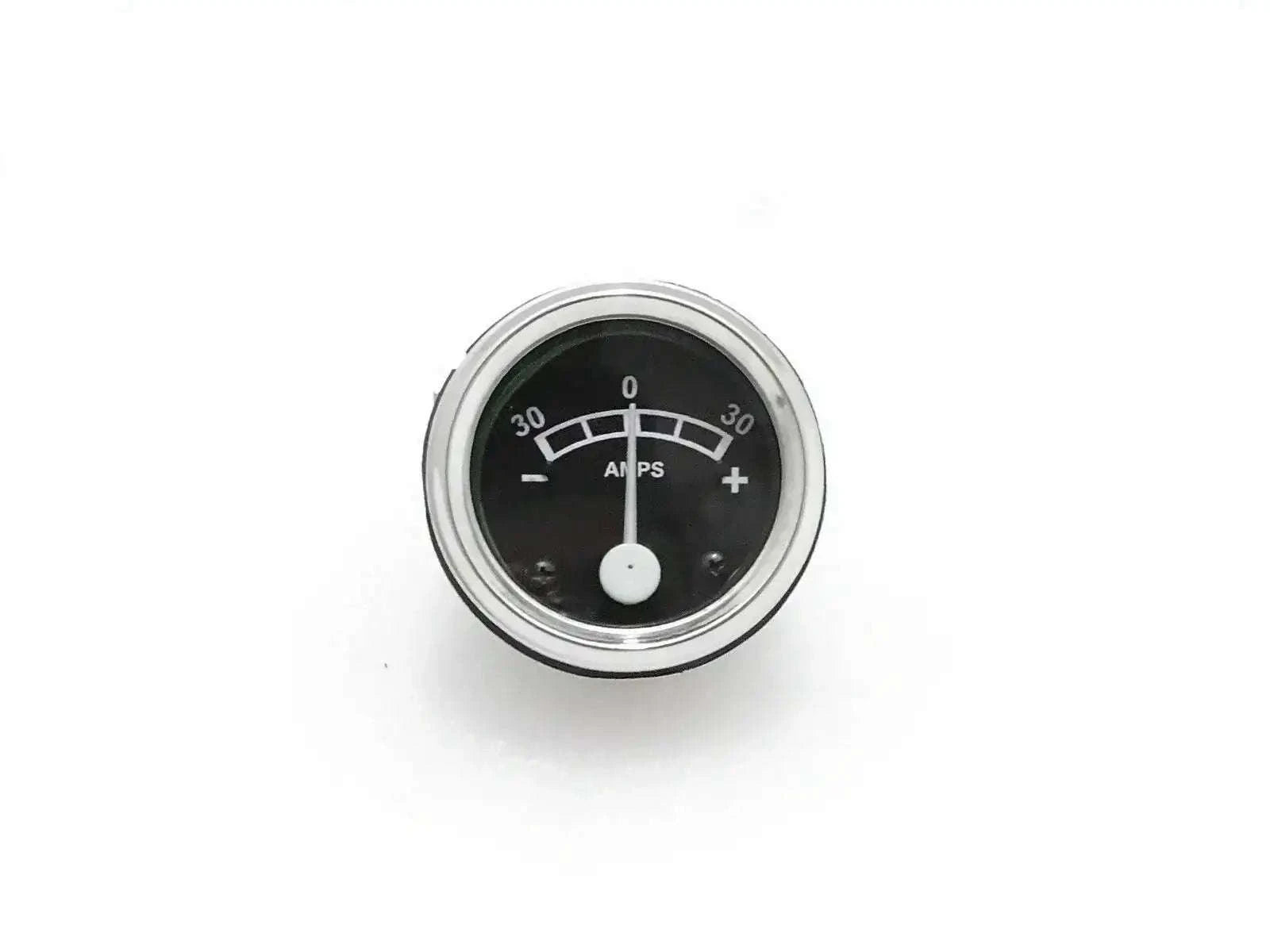 Round ammeter gauge with black dial, chrome bezel, scale marked 0 and amps