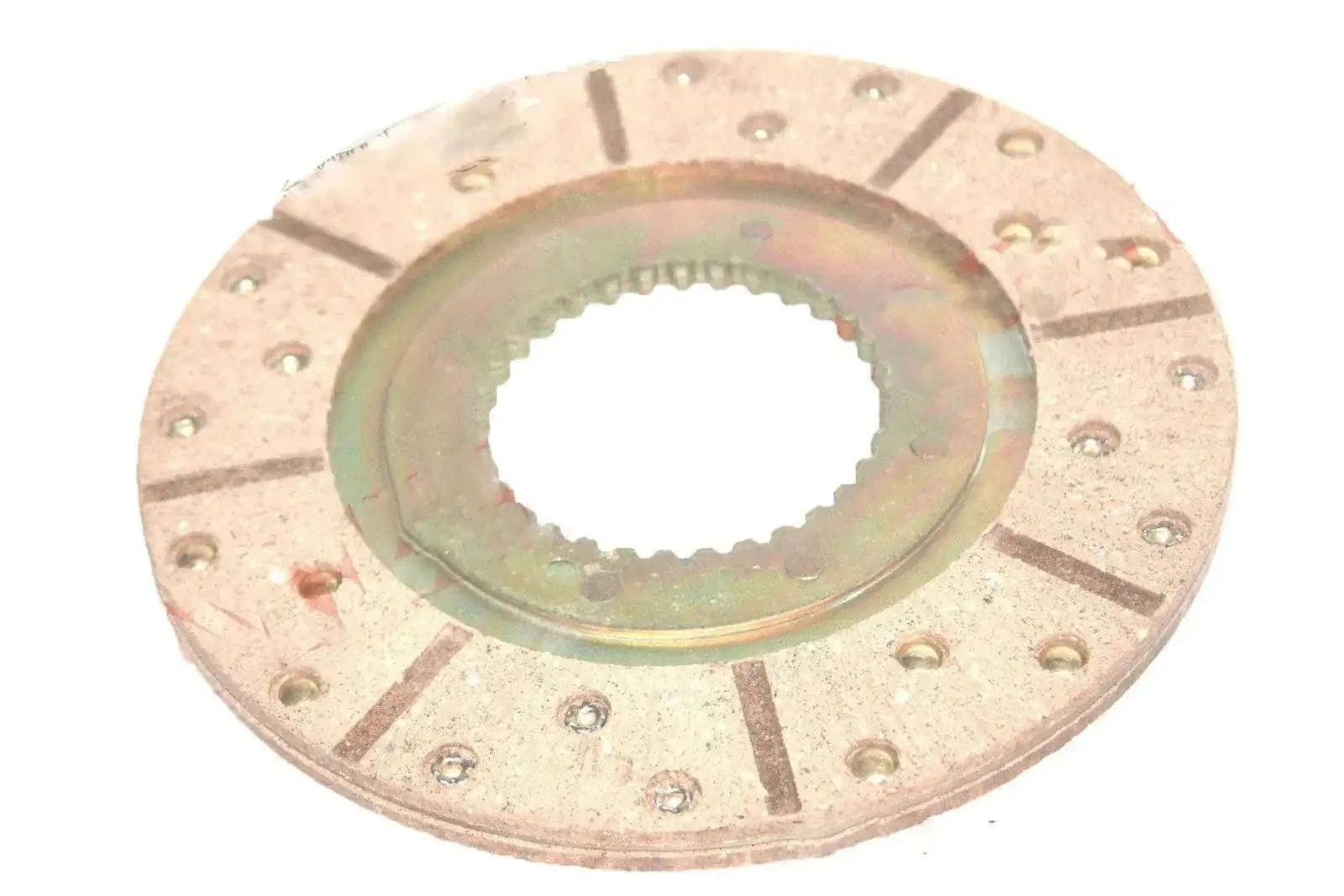 Brake disk with linings, round metal friction plate with bolt holes