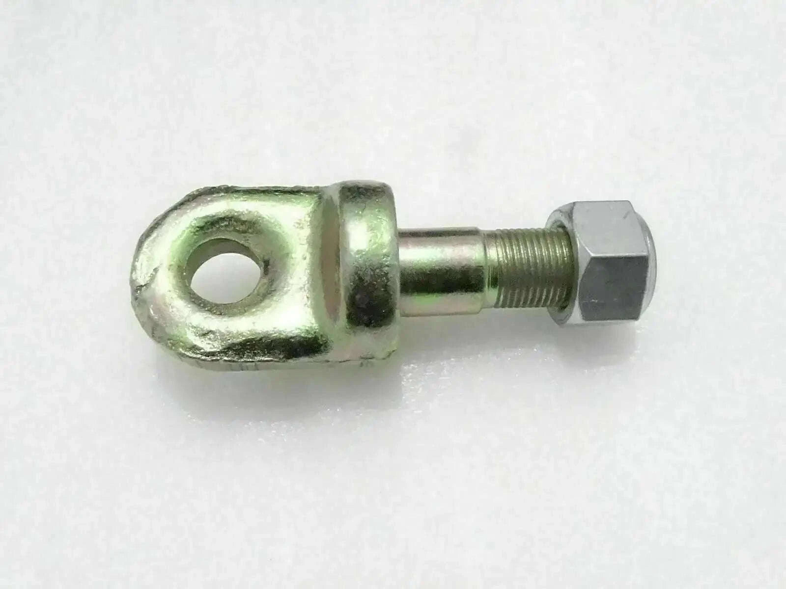 Metal check chain pin with eye, threaded shaft, and hex nut